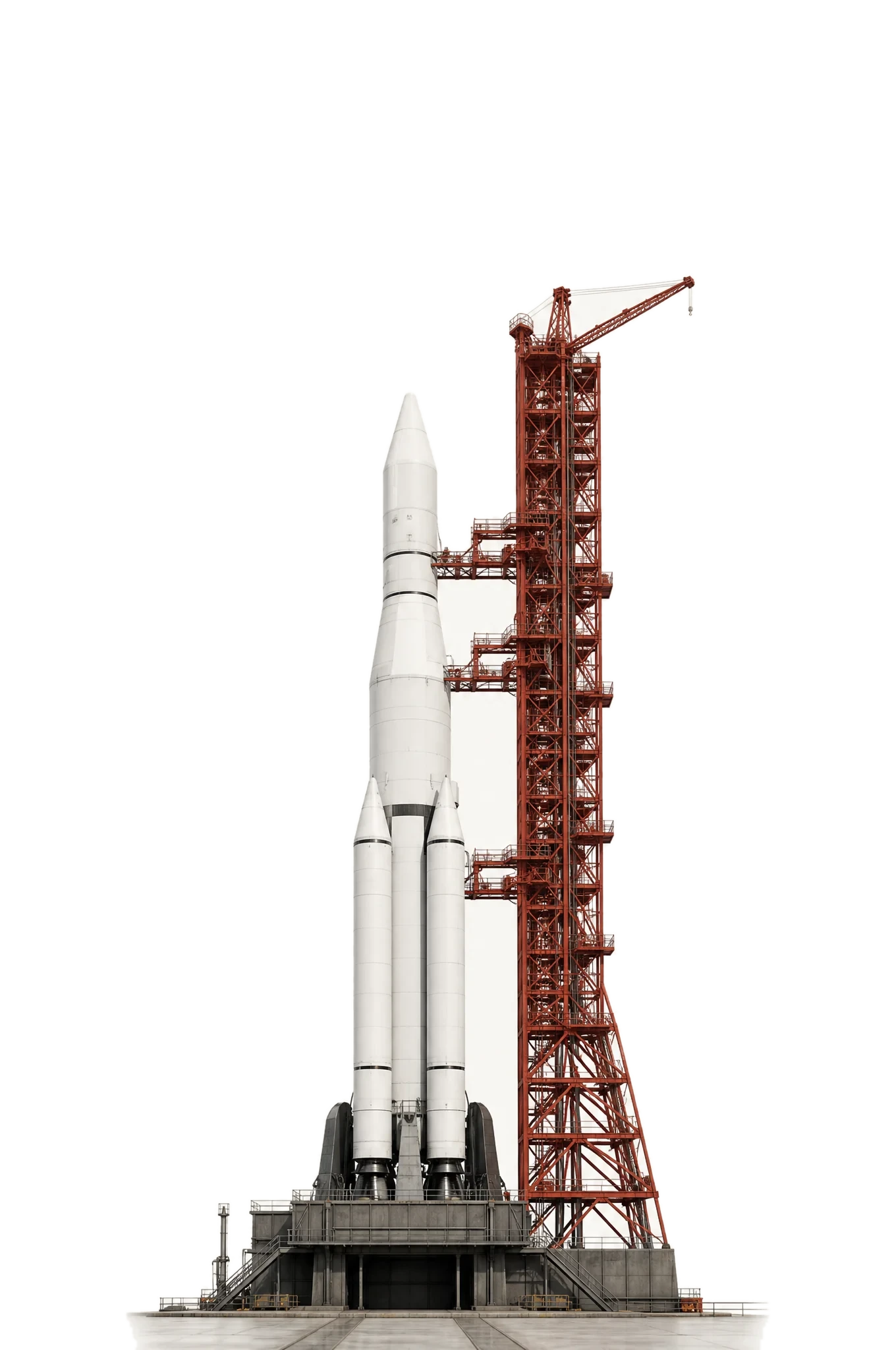 A white Saturn V rocket standing full-height beside its red gantry tower on the launch platform, engines to nose